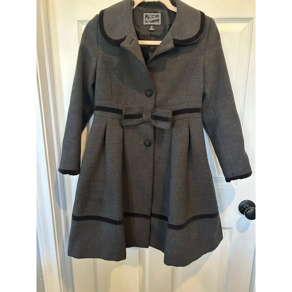 Rothschild Vintage Girls 12 Gray Princess Coat Black Velvet Trim Holiday Party